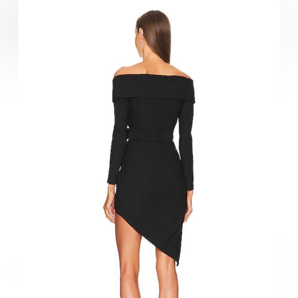 Michael Costello x Revolve Marci Dress black stretch mini off shoulder belted S - Picture 4 of 9